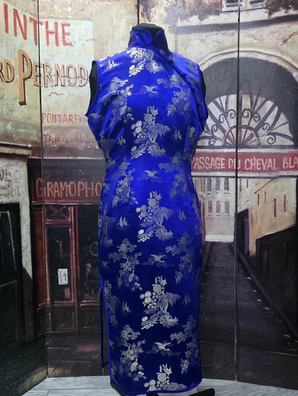 Blue & Gold Floral Silk Cheongsam Dress - Classic Mandarin Collar